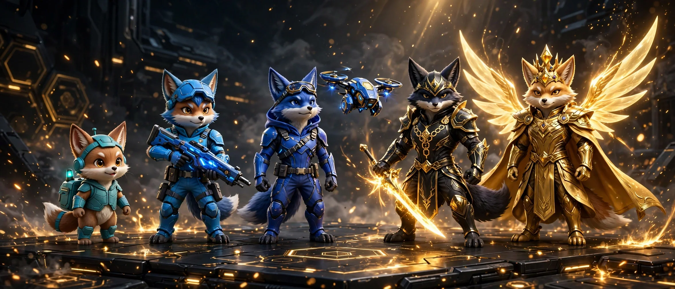 Lima agen rubah HUKKO berjajar: Common kecil berzirah teal, Uncommon dan Rare berarmor biru, Epic berarmor hitam-emas, sampai Legendary emas bersayap cahaya