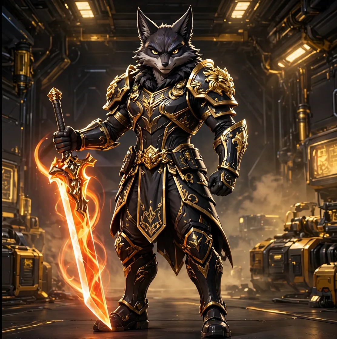 Ksatria rubah HUKKO Epic berarmor hitam-emas membawa pedang api oranye
