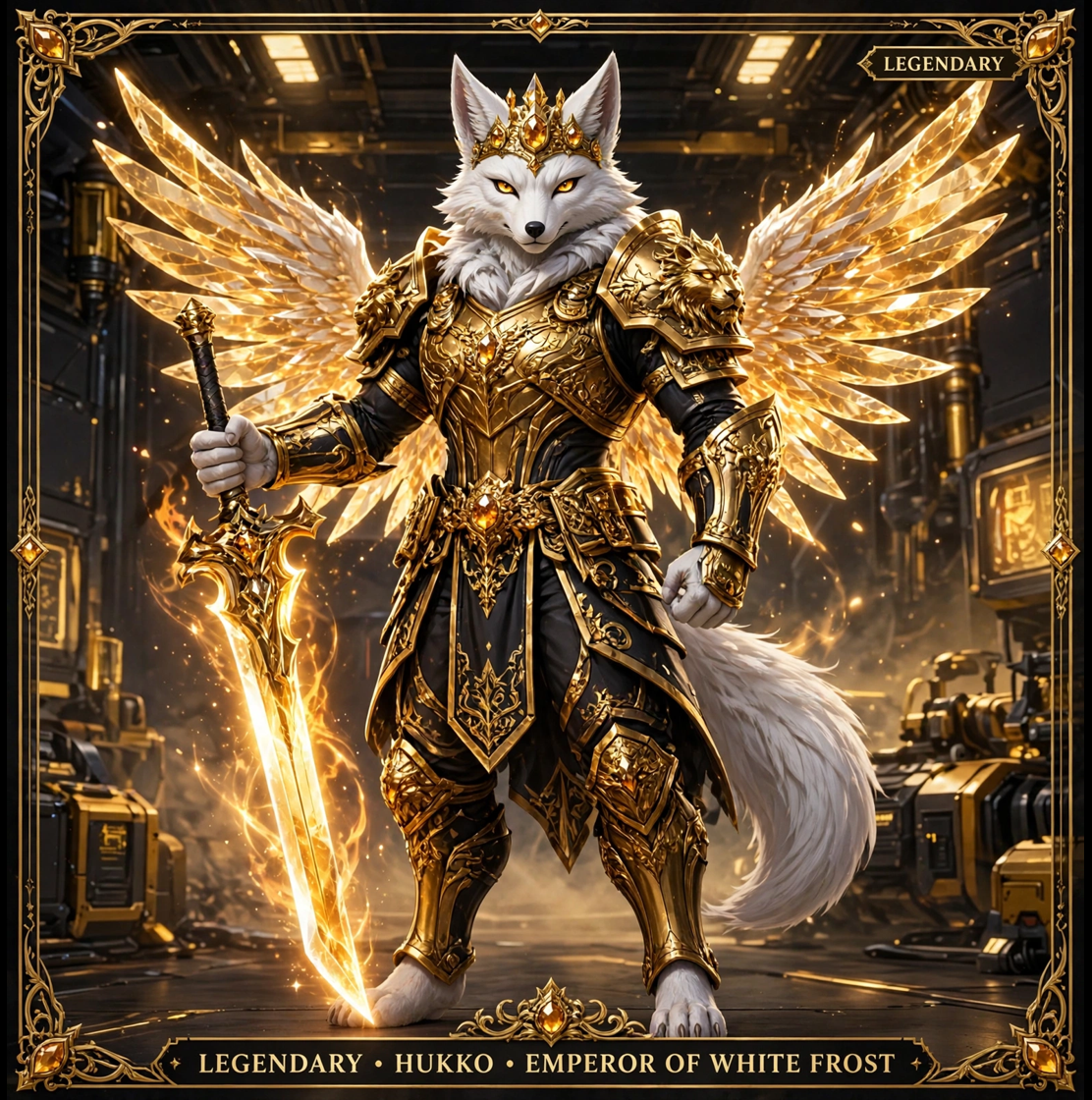 Kaisar rubah putih HUKKO Legendary berarmor emas penuh bermahkota permata amber, bersayap kristal cahaya emas, membawa pedang cahaya emas, berdiri gagah di hangar sci-fi
